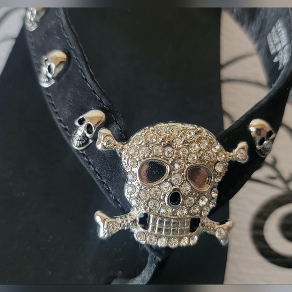 NWOT! RARE Vintage Skull Yellow Box Wedge Flip Flops Sandals Bling Size 9 - Picture 7 of 11